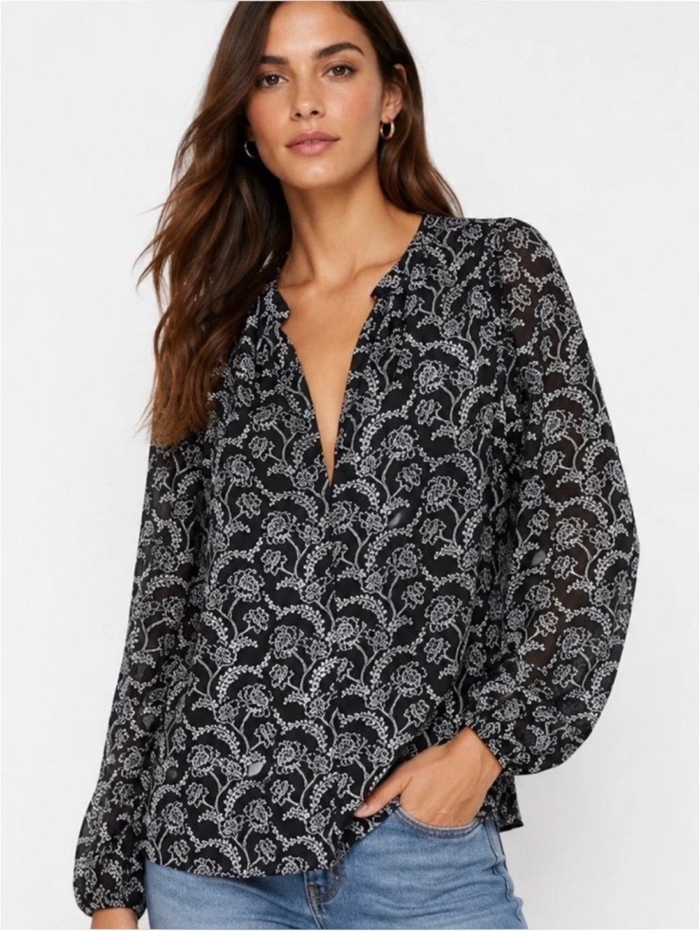 A.L.C. Black Floral Split-Neck Long Sleeve Blouse